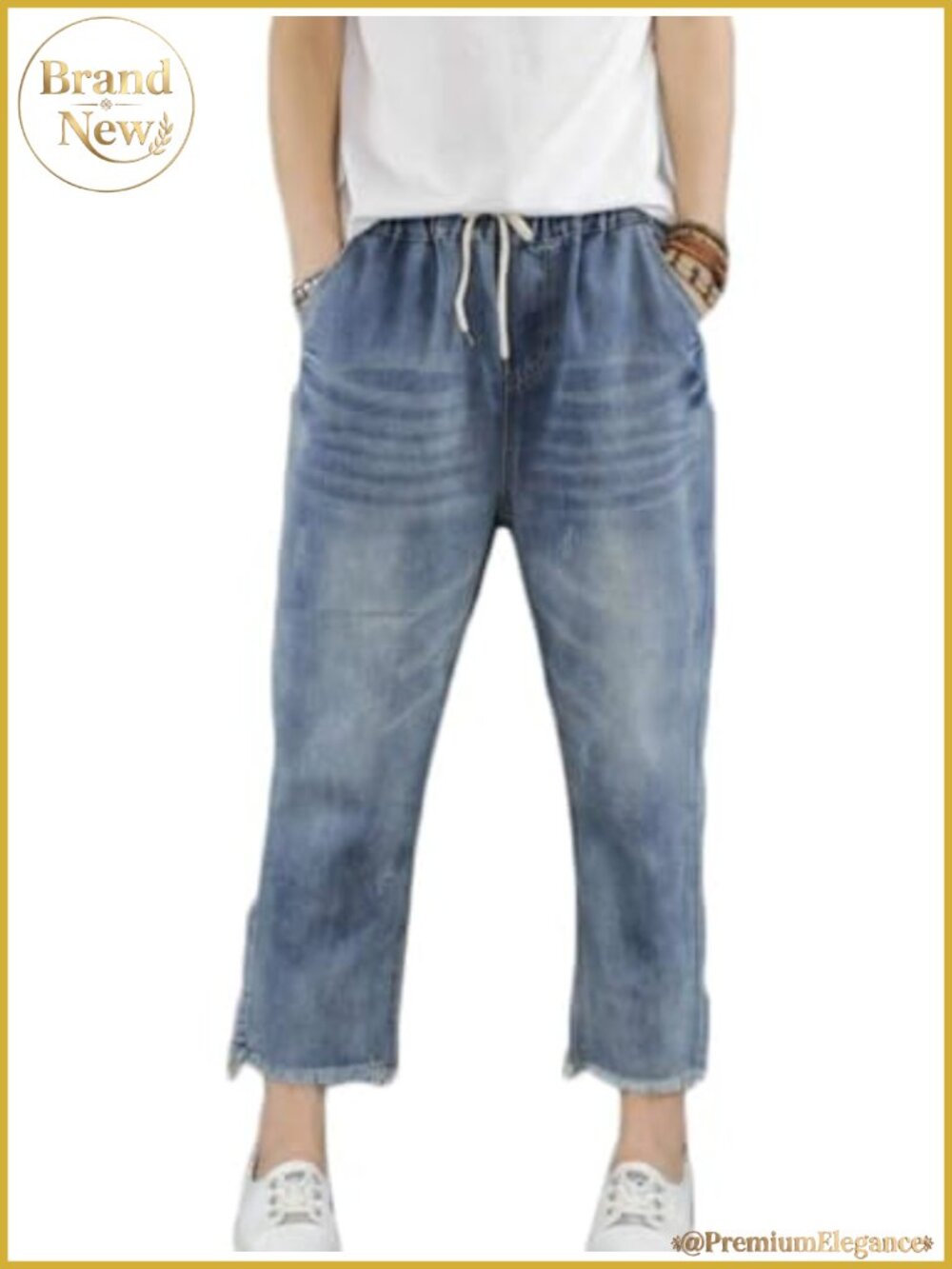 Elastic Waist Baggy Cropped Jeans with Drawstring